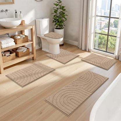 Pauwer Bathroom Rugs Sets 5 Piece, Absorbent Non Slip Bath Mat Set, Beige | Machine Washable, Microfiber Plush, Quick Dry Runner, U Shaped Contour Toilet Rugs, Shower Mats and Toilet Lid Cover - color: Beige