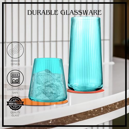 ARTLAND Soho Optic 14.5 oz Double Old Fashion Glass, Set of 4 - Whiskey, Cocktail, Rocks, Barware Drinking Glasses - Elegant Design, Durable Construction, Versatile Use, Dishwasher Safe (Turquoise) - color: Light Turquoise, style: Double Old Fashion Glass