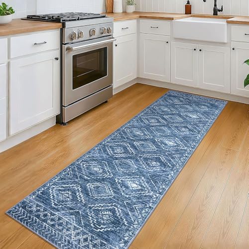 KILOCOCO Washable Runner Rug 2x6 ft Hallway Runners, Stonewashed Blue | Non Slip Runner Rug, Printed Kitchen Runner Rug, Low-Pile Entryway Runners, Soft Geometric Rugs for Bedroom Hall Living Room - color: Stonewashed Blue, size: 2' x 6' (Runner)