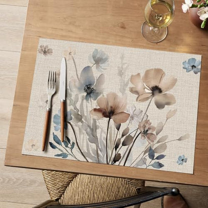 Artoid Mode Brown Poppy Floral Vinyl Spring Placemats Set of 6, Wipeable Plastic Woven PVC Table Mats for Party Kitchen Dining Decor, 12x18 Inch - size: 12" x 18", Rectangular Set of 6