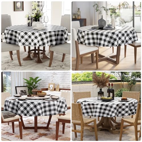 Round Waterproof Vinyl Table Cloth, Buffalo Flannel Backed Tablecloth, Wipeable Plastic Table Cover for Dinner, Kitchen, Picnic (60", Black and White) - color: Black and White, size: 60" (Round)