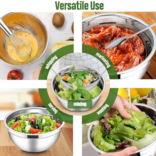 ShineMe Stainless Steel Salad Bowl with Lid, Extra Large Metal Bowl with Serving Utensils for Preparing, Mixing, Marinating, and Serving with Anti-slip Bottom, Unbreakable Kitchen Bowls 7QT - color: Silver