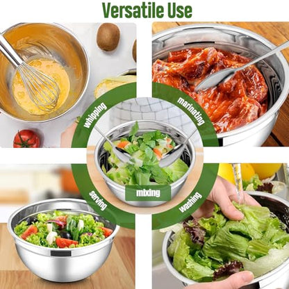ShineMe Stainless Steel Salad Bowl with Lid, Extra Large Metal Bowl with Serving Utensils for Preparing, Mixing, Marinating, and Serving with Anti-slip Bottom, Unbreakable Kitchen Bowls 7QT - color: Silver