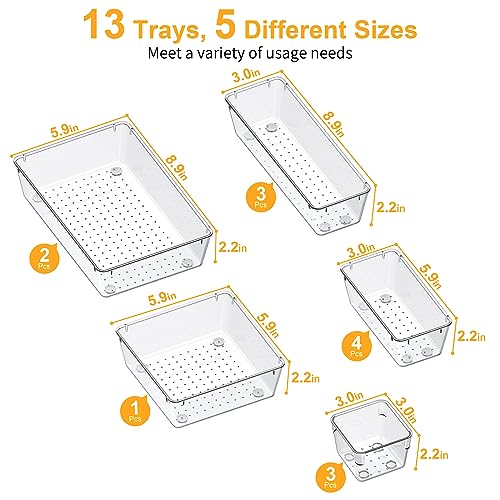 SMARTAKE 13-Piece Drawer Organizers with Non-Slip Silicone Pads, 5-Size | Clear Desk Bathroom Drawer Organizer Trays Storage Tray for Makeup, Jewelry, Utensils in Bedroom Dresser, Office and Kitchen - size: 13 PCS