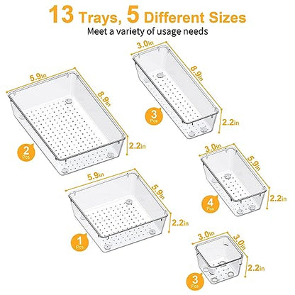 SMARTAKE 13-Piece Drawer Organizers with Non-Slip Silicone Pads, 5-Size | Clear Desk Bathroom Drawer Organizer Trays Storage Tray for Makeup, Jewelry, Utensils in Bedroom Dresser, Office and Kitchen - size: 13 PCS
