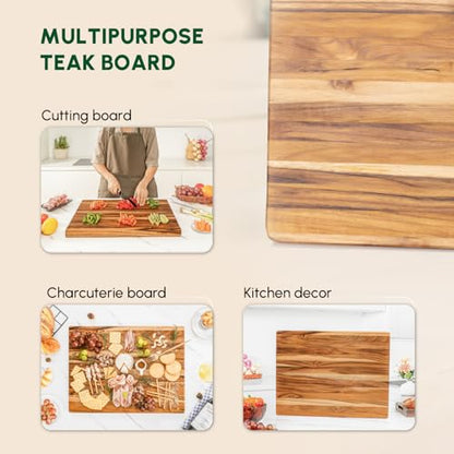 Teak Wood Cutting Board with Hand Grip (20x15x1.25", M) | Wooden cutting boards for kitchen, wood chopping board, butcher block, charcuterie board for serving. Gift box included - size: 22"L x 16"W