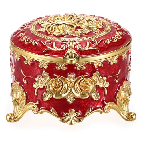 Hipiwe Vintage Metal Jewelry Box - Small Trinket Organizer Ring Box Case with Rose Pattern Jewelry Storage Box for Ring Earrings Necklace, Keepsake Box for Women,Red - color: Red, size: Small