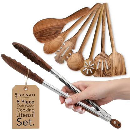 SANJH Teak Wooden Utensil Set for Cooking - 8 Piece Teak Wooden Spoons Set | Spatula Scraper Pasta Spoon Rice Paddle Tongs, Smooth Sanded Finish, Comfortable Grip Handles, Gentle on Cookware