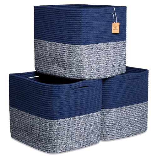 NaturalCozy 13x15x13 Kallax Storage Cubes Bins, 3 Pack | Cotton Rope Cube Storage Bin Woven Baskets for Organizing | Kallax Insert Storage Baskets for Shelves Organizer, Kids Toy, Closet Baby Nursery - color: Dark Blue & Mixed Dark Blue, size: 15 x 13 x 1