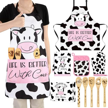 Funnymoom 10 Pcs Mother's Day Cow Kitchen Gift Set for Women Include Apron Oven Mitts Pot Holder Dish Towel Cooking Utensil Kit - style: Cow