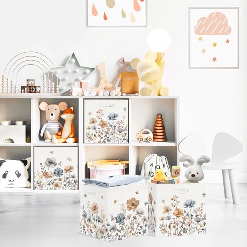 Clastyle 11.8" Flower Storage Basket Set of 3 for Kid Women Toy Clothes Bin | Collapsible Fabric Book Bin, Metal Frame Bottom Board, Cube Organizer, Closet Nursery Pantry Shelf Bedroom, Boho Meadow - color: Brown