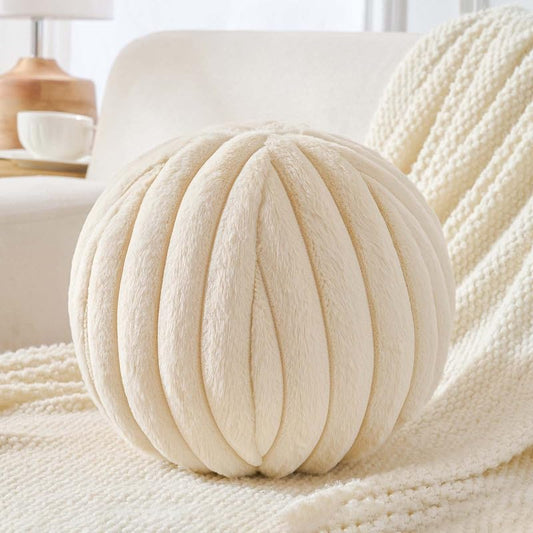 Uvvyui Ball Pillow Round Striped Decorative Throw Cushion Beige 11.8" | Round Throw Pillows Faux Rabbit Fur Striped Fluffy Spherical Cushion Sphere Shaped Pillow for Aesthetic Room Decor - color: Beige