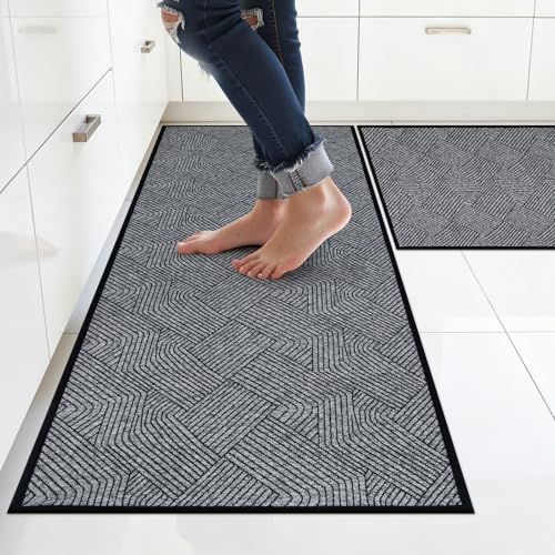 Pauwer Non Slip Kitchen Rugs Sets of 2, Washable Kitchen Mats, Light Grey | Farmhouse Kitchen Runner Rug, Absorbent, Quick Dry, Durable Soft Floor Runner With Rubber Backed For Sink, Hallway, Laundry - color: Light Grey, size: 19"x32"+19"x47"