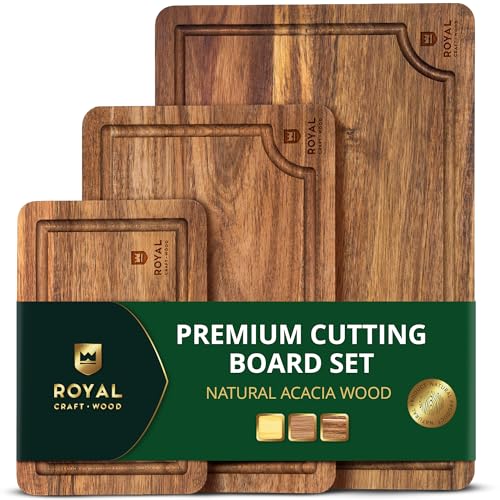 ROYAL CRAFT WOOD Wooden Cutting Boards for Kitchen Meal Prep & Serving - Bamboo Wood Serving Board Set with Deep Juice Groove Side Handles - Charcuterie & Chopping Butcher Block for Meat - color: Dark Brown, size: 3-Piece