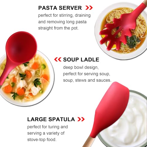 Kitchen Cooking Utensils Set 6Pcs Heat Resistant Silicone Kitchen Utensils Spatula Spoon Turner Ladle w Wooden Handle, BPA FREE Silicone Cooking Tool Gadget Set for Nonstick Cookware & Baking - color: Red, size: Standard 6-Piece Set