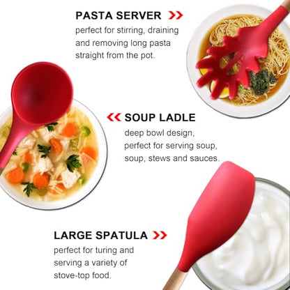 Kitchen Cooking Utensils Set 6Pcs Heat Resistant Silicone Kitchen Utensils Spatula Spoon Turner Ladle w Wooden Handle, BPA FREE Silicone Cooking Tool Gadget Set for Nonstick Cookware & Baking - color: Red, size: Standard 6-Piece Set