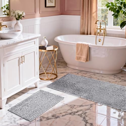 Chenille Bathroom Rugs Set 2 Piece, Absorbent Bath Rugs, Non-Slip Bath Mats, Machine Washable Rugs for Bathroom Floor, Tub and Shower, Grey&White (47 x 20 Plus 17 x 24 - Inch) - color: Gray & White-2