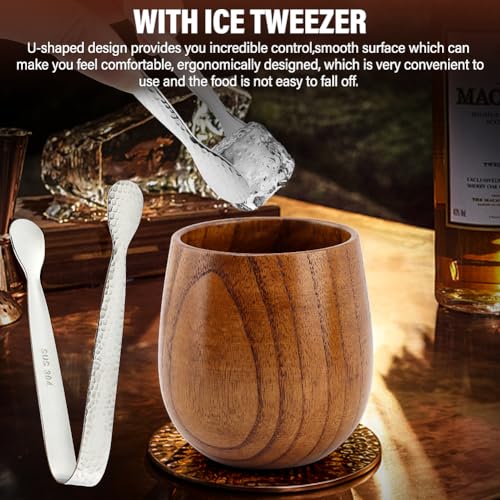 Wooden Bourbon Glasses Set, 2pack Old Fashioned Whiskey Charred Tumbler with Ice Tweezer, Drinking Glass Set Birthday Whiskey Gifts for Men, Dad or Brother Bourbon Lovers, 9oz