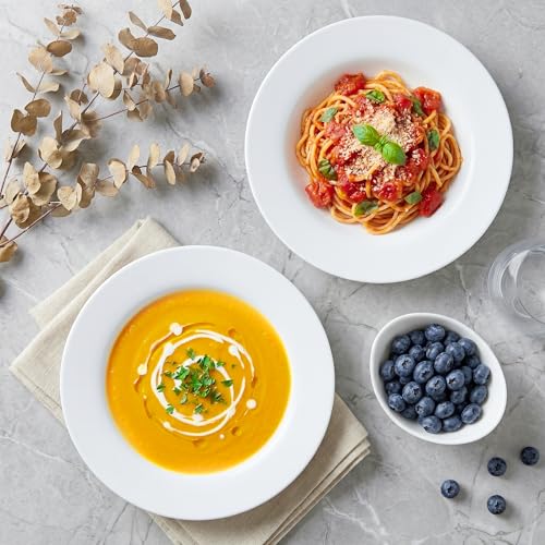 Soup and Pasta Bowls Set of 4, White Porcelain Wide Rim Salad Plates 27 oz Large Round Deep Plate 9 inch Ceramic Serving Bowl for Entree Dinner Noodle Kitchen Entertaining, Microwave & Dishwasher Safe - color: Round9.25"