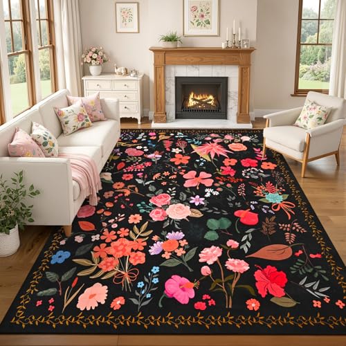 ISEAU Black Rug for Bedroom 4x6 Area Rugs for Kids Room Dorm Rug, Non Slip | Floral Rug with Non-Slip Botton, Low-Pile and Washable Indoor Carpet for Playroom Nursery Dining Room Dorm Decor - color: Black, size: 4ftx6ft