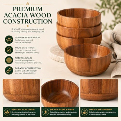 Acacia Wood Round Serving Bowls Set of 4 U Shape Handmade 4.75 Inch Medium Size Brown - size: 4 U Shape Bowls of 4.75-Inch