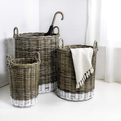 happimess Ternion 3-Piece Nesting Rattan Storage Baskets, Kubu Gray/White | Hand-Woven Wicker Containers With Handles, 27"H Two-Tone Cylindrical Bohemian Decor For Living Room Laundry Room Bedroom