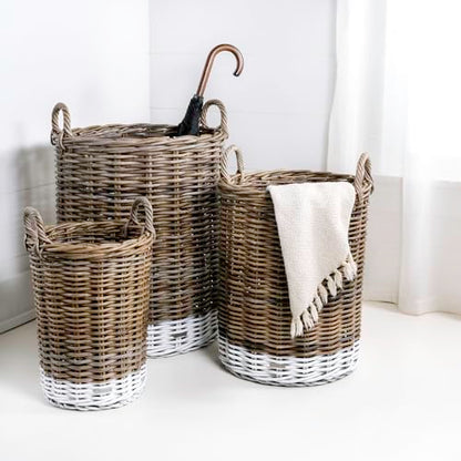 happimess Ternion 3-Piece Nesting Rattan Storage Baskets, Kubu Gray/White | Hand-Woven Wicker Containers With Handles, 27"H Two-Tone Cylindrical Bohemian Decor For Living Room Laundry Room Bedroom
