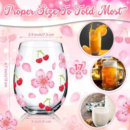 Sliner 2 Pack 17oz Cherry Blossom Stemless Wine Glasses Cherry and Flower Drinking Glasses Floral Tumbler Cups for Women Wedding Birthday Gift Parties Supplies - style: Cherry and Flower