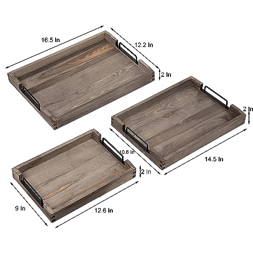 Country Rustic Torched Wood Nesting Breakfast Serving Trays with Handles, Set of 3 (Dark Grey) - color: Dark Grey