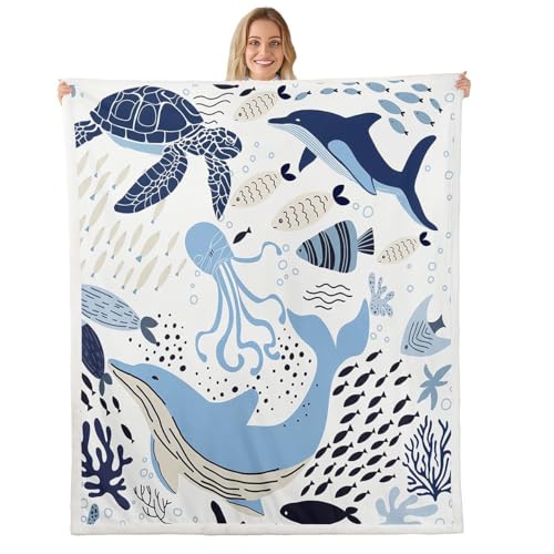 Erosebridal Turtle Blanket White Blue Whale Decor Teen Fleece Blanket,Octopus Pattern Ocean Theme Sherpa Throw Blanket Underwater Children Bedroom Decor Soft Plush Blanket, Baby 30"x40" - color: Multi 100, size: Baby(30"x40")