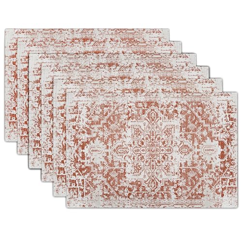Gray Burnt Orange Boho Placemats Set of 6 Ethnic Bohemian Carpet Place Mats Washable Kitchen Dining Vintage Grey Geography Floral Linen Table Mats Stain Heat-Resistant for Home Party Indoor 12x18 in - color: Burnt Orange, size: 18x12 Inches set of 6