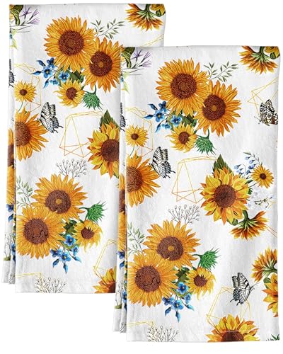 150GSM Flour Sack Kitchen Towels Set of 2, Sunflower | 18"x26", Lightweight, Lint-Free, Pure Cotton, Decorative, with Hanging Loop, Absorbent, Softer after Wash, Giftable Package - color: Sunflower