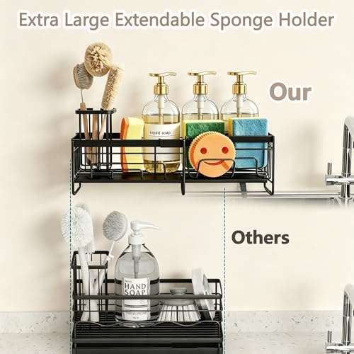 spospo Extendable Sponge Holder for Kitchen Sink Extra Large Sink Caddy | Adjustable Length Sink Caddy Organizer with High Brush Holder, Self-Draining Countertop Organizer