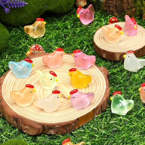 JUNEBRUSHS 50 Pcs Mini Chickens Tiny Resin Chicken Luminous Hen Figurines Glow in The Dark Chicken Ornament for Crafts Home Garden Table Decor - style: Chickens Style