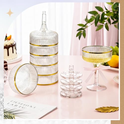 Set of 24 Plastic Champagne Coupe Glasses with Bow 7 oz Gold Champagne Tower Set Stackable Acrylic Ribbed Martini Glasses Cocktail Coupe Cup for Wedding Birthday Party Bar(Bowknot,Pink) - color: Pink, style: Bowknot
