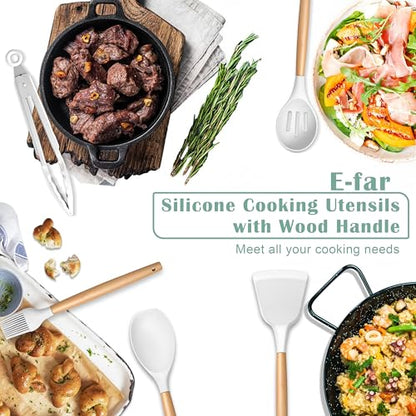 E-far White Cooking Utensils Set with Holder, 25-Piece Silicone Kitchen Utensil Set with Wooden Handle for Nonstick Cookware, 446°F Heat Resistant Kitchen Tool Spatula Tongs Whisk, Non-toxic & Healthy - color: White, size: 25