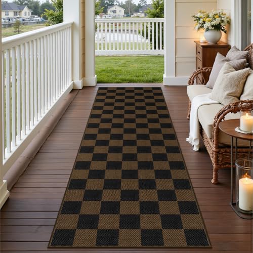 Easy Jute Checkered Runner Rug, 2.6x8 Coffee Modern Washable Rugs Runner for Hallway Non-Slip Kitchen Runner Rug, Neutral Checkerboard Indoor Outdoor Carpet for Porch Laundry Entryway - color: Coffee Checkered, size: 2.6' x 8' (Runner)