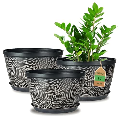 Quarut 10 Inch Flower Pots for Outdoor Indoor, 3 Pack Plastic Plant Pots | Modern Decorative Garden Pot with Drainage Hole & Tray, Planters for House Plants (Brown) - color: Circular Pattern-brown, size: 10 inch-3 Pack