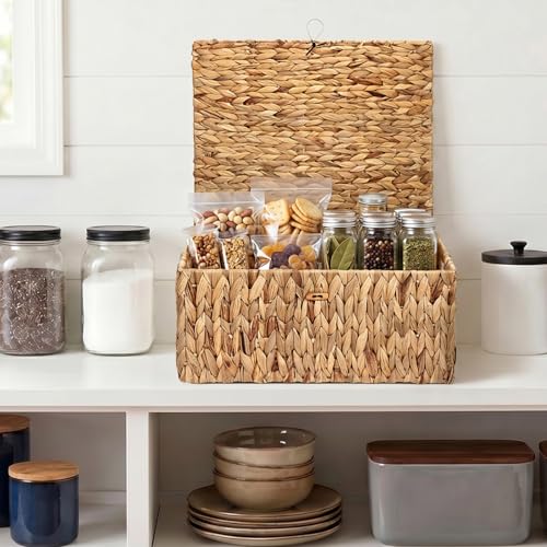 Water Hyacinth Storage Baskets Large Wicker Basket with Lid Woven Decorative Box for Shelf Pantry Laundry, Home Organizer, 17x13.2x7 Inch - size: 17"L x 13.2"W x 7H