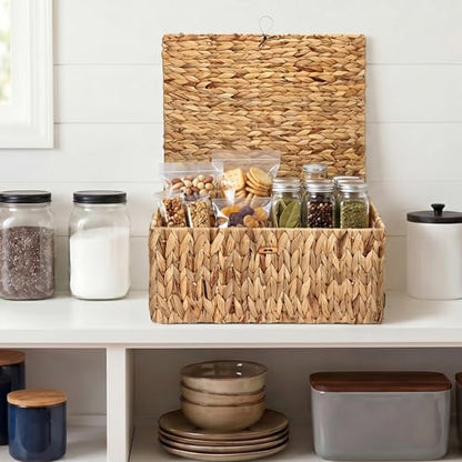 Water Hyacinth Storage Baskets Large Wicker Basket with Lid Woven Decorative Box for Shelf Pantry Laundry, Home Organizer, 17x13.2x7 Inch - size: 17"L x 13.2"W x 7H
