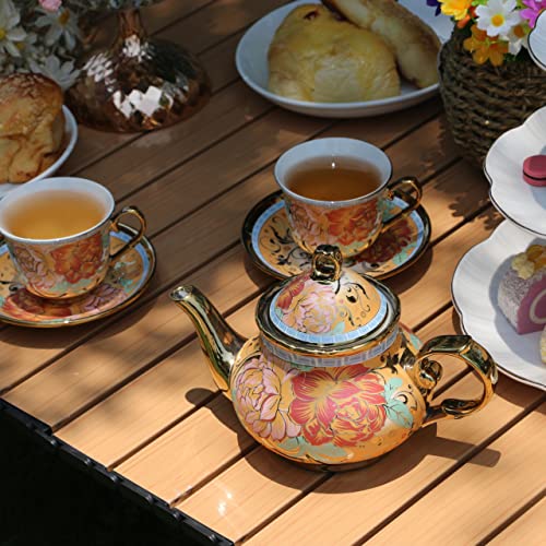 20 Pieces Porcelain Tea Set With Metal Holder, European Ceramic tea set for adults,Flower Tea Set,Tea Set For Women With Flower Painting (Large version, Deep yellow) - color: Deep yellow