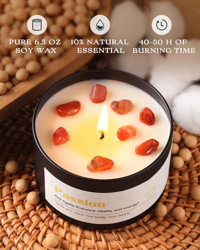 AOOVOO Crystal Energy Candles Set for Women - Soy Candle for Home Scented | 4 Pack 26 oz, 200 Hour Long Lasting Candle, Laughter Red Crystal/Love Rose Quartz/Joy Citrine/Passion Red Quartz - color: Energy Candles Set