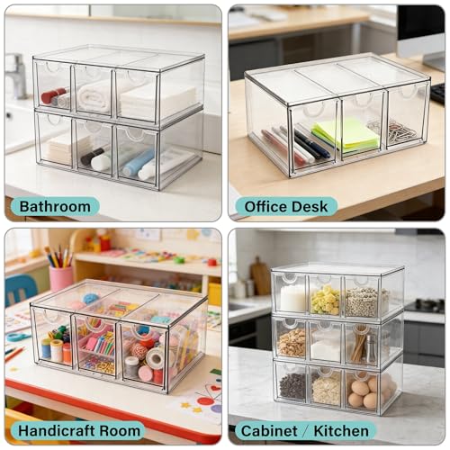Prsildan Acrylic Makeup Organizer Stackable Storage Drawers with 3 Drawers for Office Desk Vanity Craft Room Clear Drawer Organizers for Hair Accessories Art Supplies Cosmetics Modular System - size: Stackable-3 Drawers