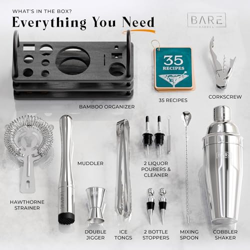 BARE BARREL® Mixology Bartender Kit Bar Set | 14-Piece Cocktail Shaker Set | Martini Barware Mixing Tools for Home Bartending | 35 Recipe Cards | Gift Set (24oz Cobbler Shaker, Silver/Black) - color: Silver/Black