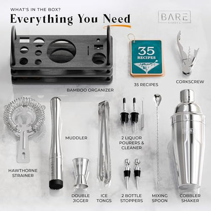 BARE BARREL® Mixology Bartender Kit Bar Set | 14-Piece Cocktail Shaker Set | Martini Barware Mixing Tools for Home Bartending | 35 Recipe Cards | Gift Set (24oz Cobbler Shaker, Silver/Black) - color: Silver/Black