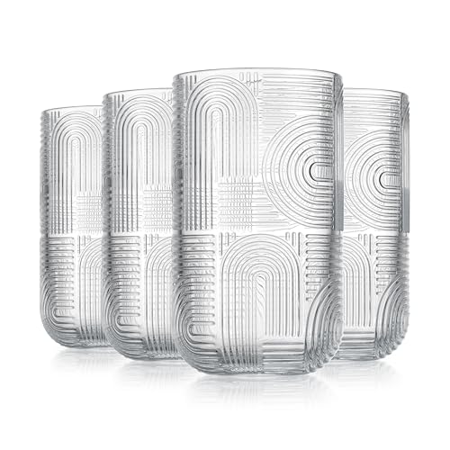 Glaver's Drinking Glasses, Highball Glasses, 17 Ounce Thick Embossed Designed, Set of 4 Clear Kitchen Glassware For Everyday Elegant Serving Coolers, Urban Pattern Modern Drinking Glasses - color: Clear, size: 17 Ounces