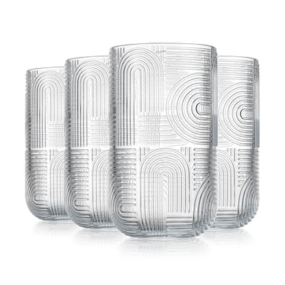 Glaver's Drinking Glasses, Highball Glasses, 17 Ounce Thick Embossed Designed, Set of 4 Clear Kitchen Glassware For Everyday Elegant Serving Coolers, Urban Pattern Modern Drinking Glasses - color: Clear, size: 17 Ounces
