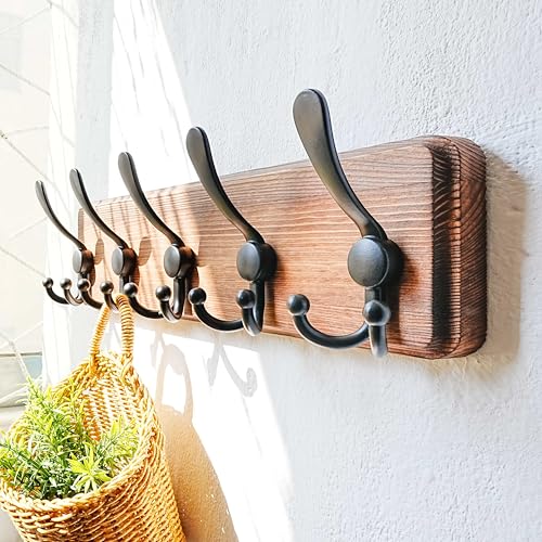 Coat Rack Wall Mounted - 5 Tri Hooks, Heavy Duty, Wooden Wall Coat Hanger Coat Hook for Clothes Hat Jacket Clothing, Natural & Black - color: Natural & Black, size: L=17.4"