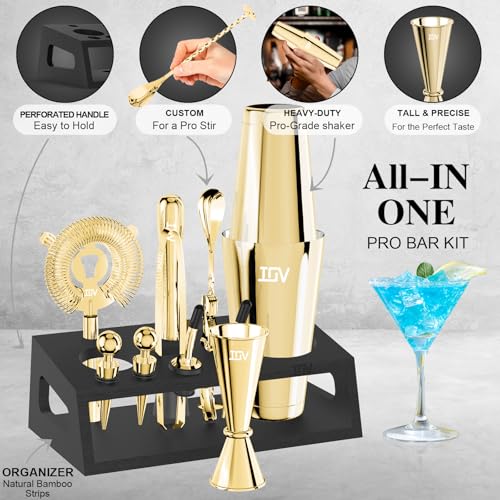 IOV Cocktail Shaker Set: 12-Piece Mixology Bartender Kit Bar Set | 16oz & 28oz Boston Shaker Drink Mixing Tools for Home with Recipe Booklet and Stand | Fun Housewarming Gift (Gold) - color: 12 Pcs - Gold