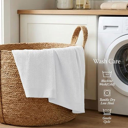 Threadmill Cotton Queen Blanket, Herringbone, White, All-Season Breathable | 100% Cotton, Herringbone Pattern, 90x92 in, Breathable, All-Season, OEKO-TEX Certified, Machine Washable - color: Bright White, size: Queen (90" x 92")